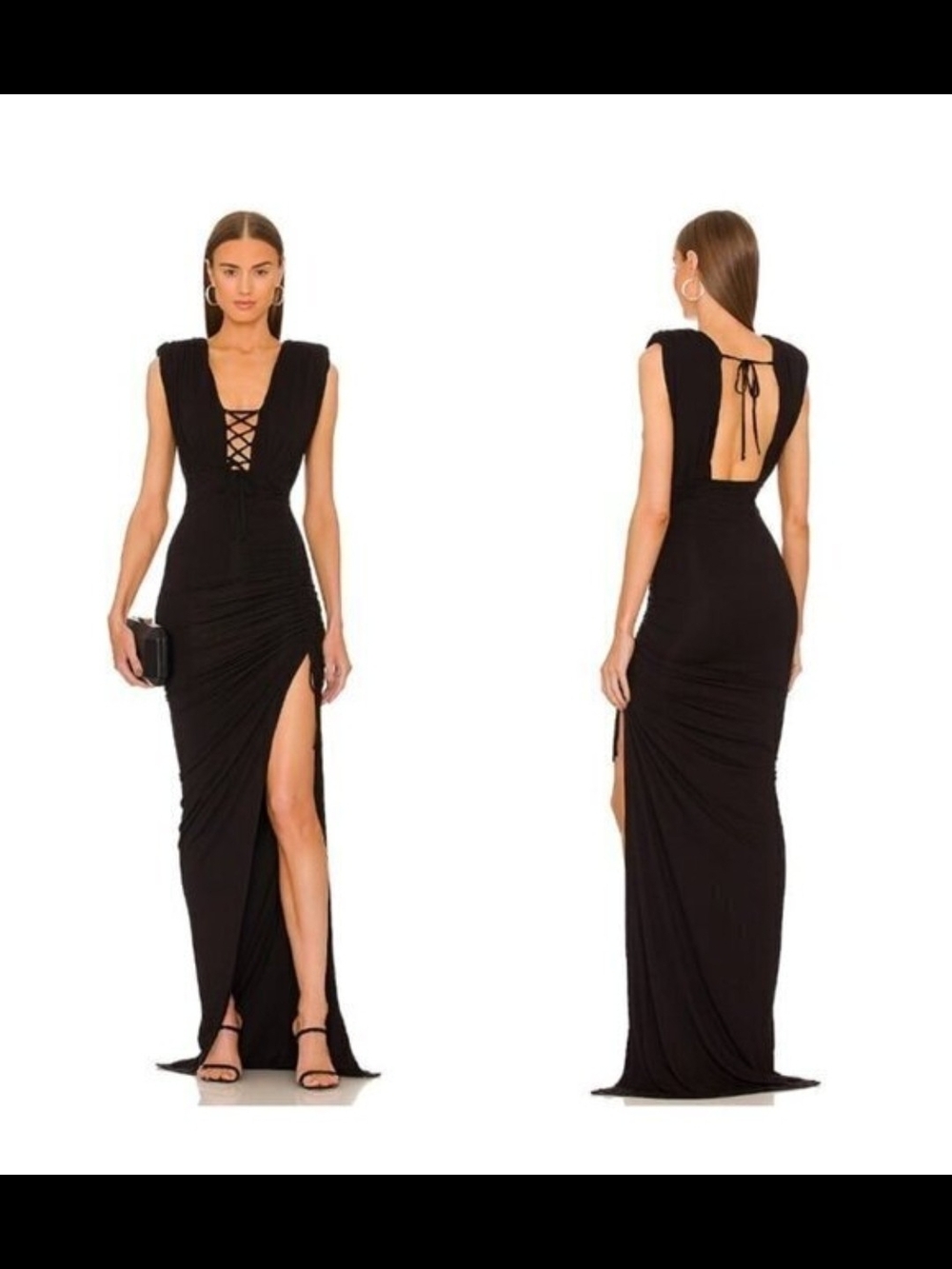 Michael Costello By Revolve Black Lace-Up Open-Back Evening Gown
